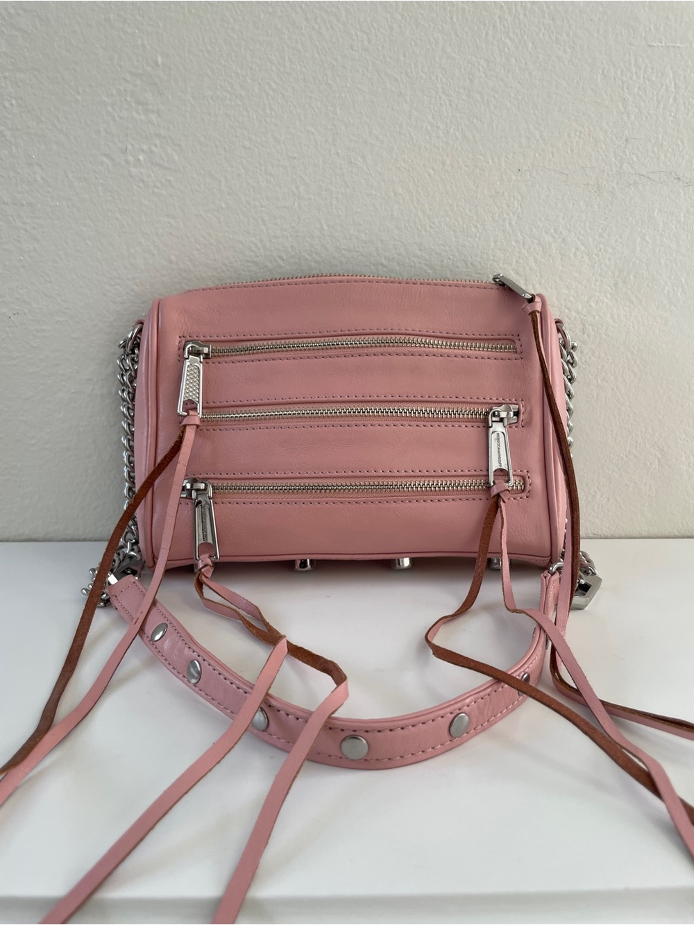 Rebecca Minkoff Pink Leather 5-Zip Crossbody with Chain Strap